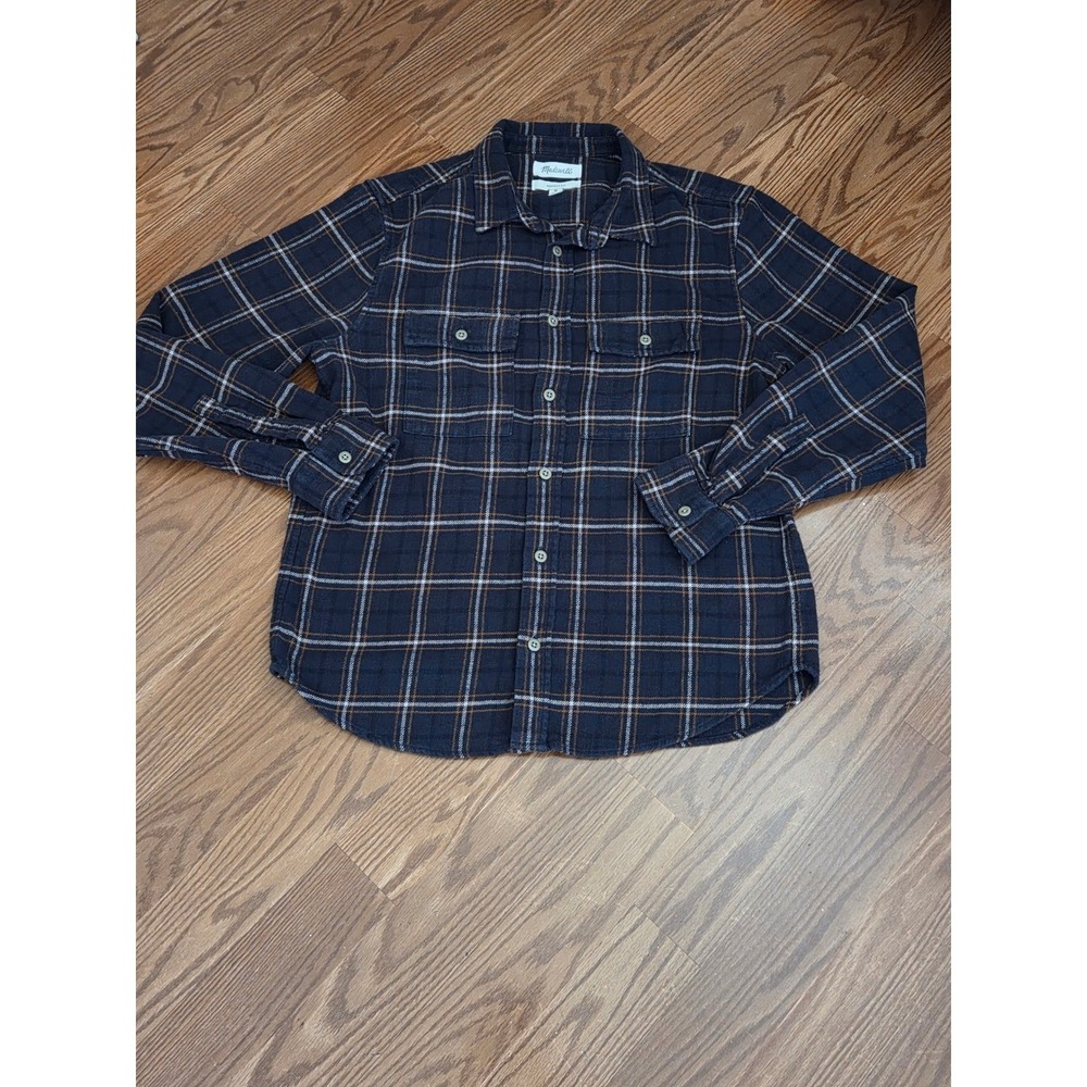 Madewell Perfect Fit Flannel Shirt Mens Medium Navy Blue Brown Plaid Button Down